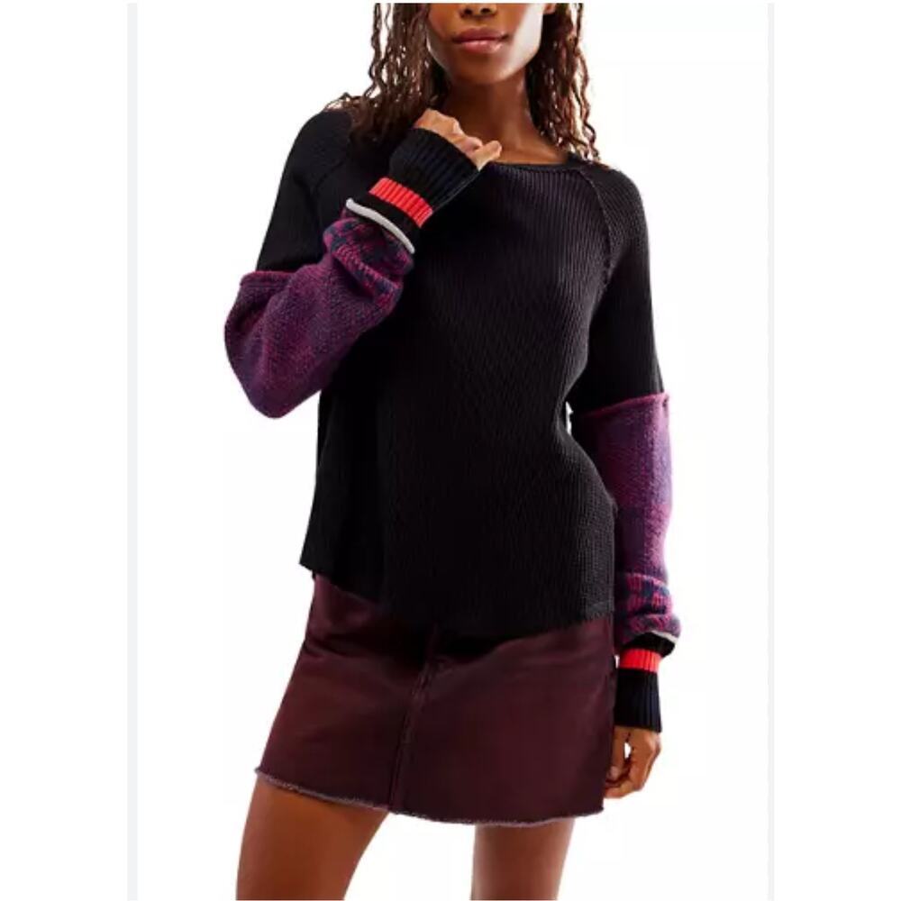 We The Free dark blue Sweater with Purple Sleeve Panels and Red Trim